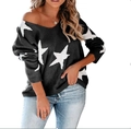 Pull en maille à col en V pour femmes avec motif d'étoiles noires et blanches chic - Noir
