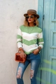 Detail of green and white wavy stripe knit long sleeve top with soft fabric texture - Green