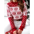 Pull de Noël tricoté pour femme avec motif de flocons de neige rouge et blanc - S / Blanc