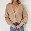 Women's V-neck chunky knit cardigan with lantern sleeves in khaki beige finish - Khaki