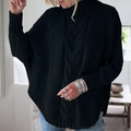 Pull noir oversize à col roulé pour femmes avec torsades et manches chauve-souris - Noir