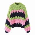Jersey de punto grueso con bloques de color verde, rosa y azul con mangas de linterna - Talla única / Rosa-Verde (Verde/Rosa/Azul)