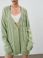 Cardigan verde chiaro a trecce con scollo a V e bottoni a cuore scintillanti da donna - S / Verde