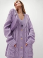 Macro detail of purple cable-knit cardigan featuring decorative heart-shaped buttons - Purple