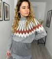 Close-up of diamond pattern knit sweater and delicate lace hem on matching grey skirt - S / Gray