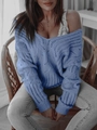Himmelblauer Zopfstrickpullover für Damen mit V-Ausschnitt und lockerer Passform - Blassblau