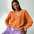 Orange oversized ribbed knit cardigan with V-neck and buttons for casual commuting - One Size / Tops / Orange