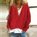 Roter Damen-Strickcardigan mit Zopfmuster, V-Ausschnitt, Knöpfen und Taschen im Relaxed Fit - S / Rot
