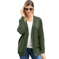 Dark green cable knit cardigan sweater with long sleeves in a stylish mid-length design - Green