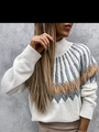 Detail of high-neck knit sweater featuring vintage geometric patterns and thick texture - S / White