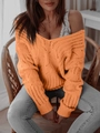 Elegante maglione arancione a trecce con pizzo bianco e scollatura a V profonda - S / Arancione
