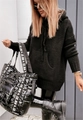 Street style look with a black hooded knit sweater and quilted tote bag with letter strap - Black