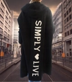 Detail of black hooded cardigan featuring white Simply Live knitted text on the back - S / Black