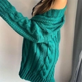 Σμαραγδένια oversize ζακέτα με πλέξη κοτσίδα, χοντρή υφή και ριμπ μανσέτες για τον χειμώνα - S / Πράσινο