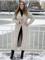 Close-up of thick cable-knit texture on a long beige winter cardigan in snow - S / Khaki