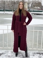 Deep burgundy long cable knit cardigan sweater featuring a waist belt in a snowy setting - S / Burgundy