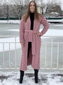 Detailed cable knit pattern on rose pink long cardigan with matching knit belt - S / Pink