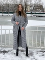 Detail of grey cable knit long cardigan with adjustable waist belt and side slits - Gray