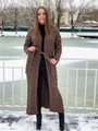 Detail view of long brown cable-knit cardigan with textured pattern and waist belt - Coffee