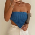 Top a fascia in maglia a coste blu reale con design senza spalline e orlo asimmetrico - S / Blu