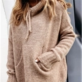 Women's light brown knit hoodie with drawstring high neck and front kangaroo pocket - Khaki