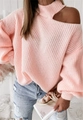 Rosafarbener schulterfreier Strickpullover mit langen Ärmeln und grober Textur - S / Rosa