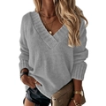 Women's casual loose grey V-neck knit sweater with long sleeves and ribbed cuffs - S / Tops / Gray