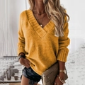 Detailed knit texture of ginger yellow V-neck loose sweater with long sleeves - Yellow