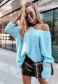 Detail of light blue chunky knit sweater featuring off-shoulder V-neck and soft texture - Pale Blue