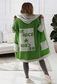 Detail of hooded knit cardigan back featuring contrast panels and Be Nice Be Cool graphics - S / Avocado Green