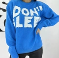 Women's blue crewneck knit sweater with white Don't Sleep letter embroidery design - Sky Blue