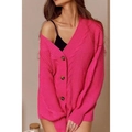 Gilet en maille torsadée rose fuchsia pour femme avec col en V et boutons - Rose rouge