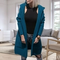 Detail of hooded knit cardigan in peacock blue featuring large pockets and drop shoulders - S / Malachite green