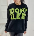 Women's black crewneck knit sweater with green PONY LEE text and drop shoulders - S / Black
