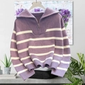 Jersey a rayas moradas y blancas para mujer con cuello de cremallera y corte holgado - Talla única / Morado