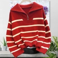 Jersey de punto a rayas rojas y blancas con media cremallera y cuello de solapa mujer - Talla única / Rojo