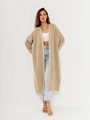 Détail de la maille épaisse sur ce long gilet beige pour femme au style minimaliste épuré - S / Kaki