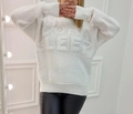Detail of white knit sweater featuring 3D embossed DON'T SLEEP letter embroidery - S / White
