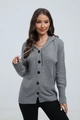 Women's gray hooded knit cardigan with large black buttons and drawstring hood - S / Gray