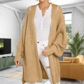Cárdigan largo de punto grueso para mujer en color caqui con diseño holgado calado - S / Caqui