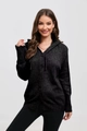Women's black hooded knit cardigan with single-breasted buttons and ribbed cuffs - S / Black