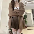 Oversized καφέ πλεκτή ζακέτα με ραβδωτή υφή και μεγάλες πλαϊνές τσέπες για γυναίκες - Ένα μέγεθος / Καφέ