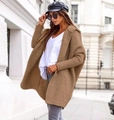 Detail of coffee brown oversized batwing sleeve knit cardigan with ribbed cuffs - S / Khaki