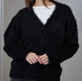 Detail of black faux mink fur cardigan showing V-neck and soft plush texture - Black