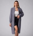 Macro view of plush faux mink fur texture on long oversized lavender knitted cardigan - One Size / Dark Gray
