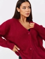 Detail of soft mink-like plush texture and round buttons on burgundy V-neck cardigan - Burgundy