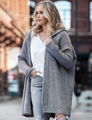 Detailed macro view of the grey hooded knit cardigan texture and thick wool fabric - S / Light Gray
