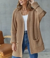 Damen Strickjacke in Camel-Khaki, lockerer langer Schnitt mit Taschen und Rippbündchen - S / Braun