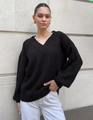Close-up of black oversized V-neck knit sweater showing ribbed cuffs and coarse texture - S / Black