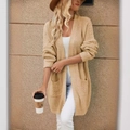 Lungo cardigan in maglia beige con tasche a trecce e scollo a V vestibilità comoda donna - S / Cachi